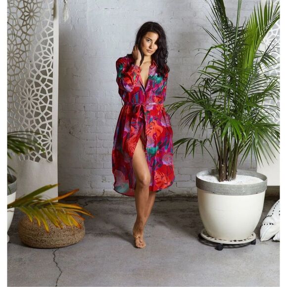 Ooshi Abstract Print Silk Button Down Shirt Dress Black size small - Picture 3 of 16